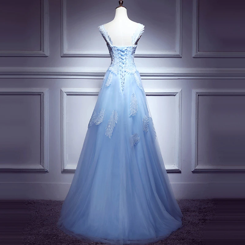 Lovely Light Blue Lace Applique Tulle Prom Dress, Blue Junior Party Dress Formal Dress cg20635