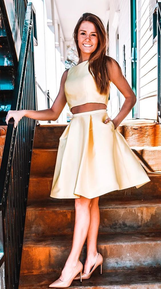 Two piece yellow homecoming dresses with pockets cg20645