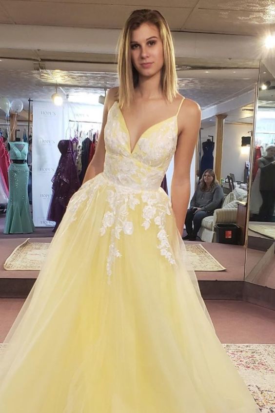 A-line yellow and white lace long prom dress with straps cg20647