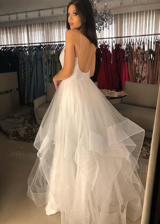 V Neck White Prom Dresses cg20650