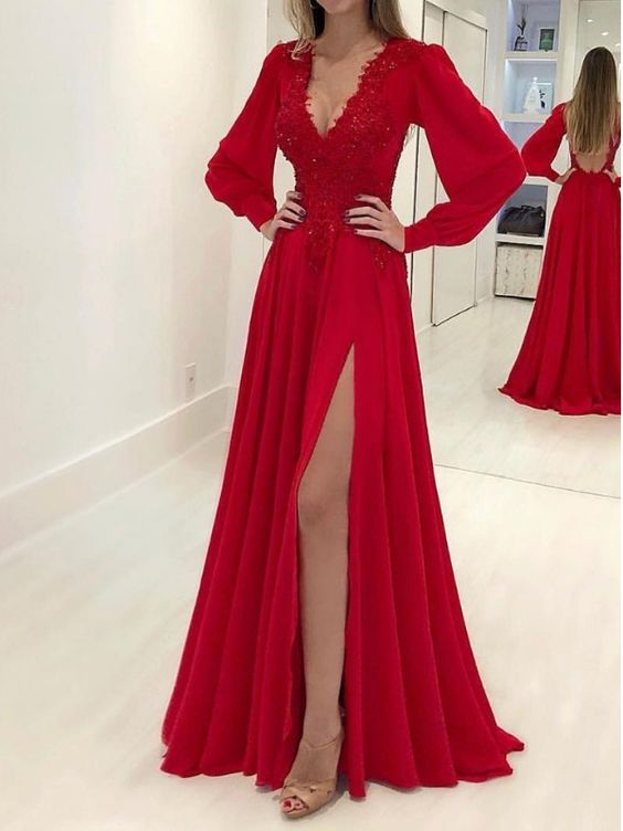2021 A-Line Long Sleeves V-neck Long Applique Chiffon Red Prom Dresses cg20652