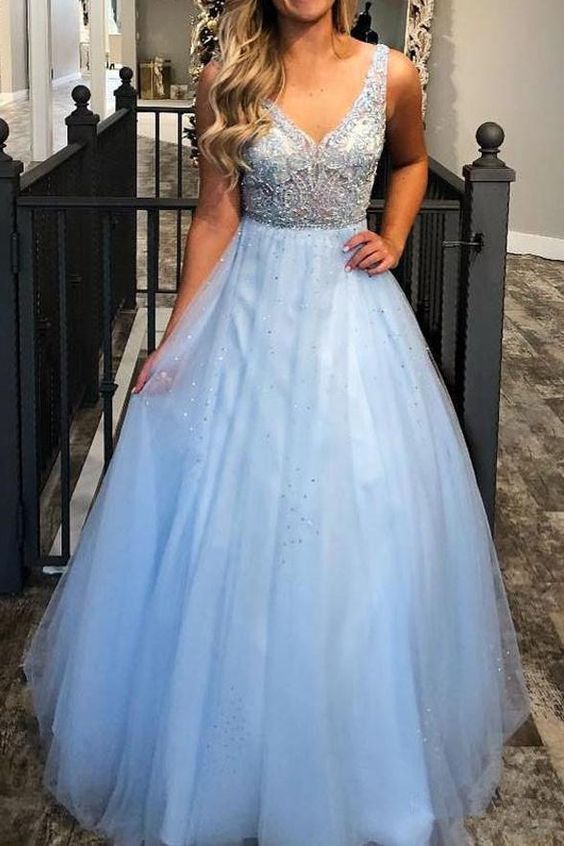 A Line Princess Light Blue Lace See Through Prom Dress Formal Evening Fancy Dresses cg20657