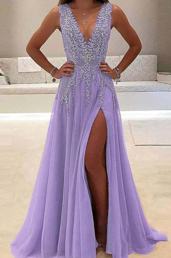 A line Tulle V Neck Purple Prom Dresses Long Backless Evening Dresses cg20658