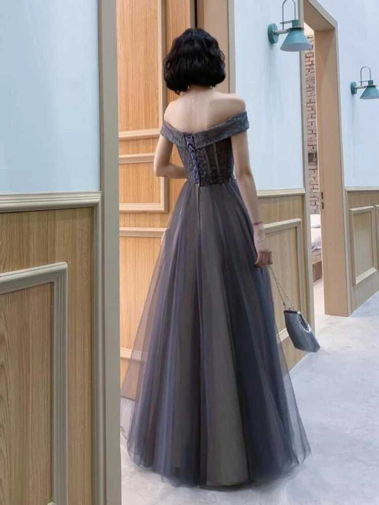 Dark Grey Tulle With Lace Applique Sweetheart Long Prom Dress, A-Line Off Shoulder Party Dress cg20678