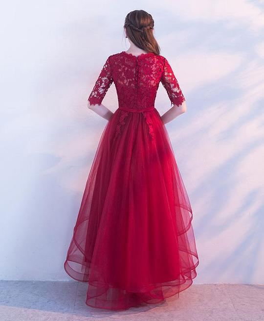 Wine Red Lace 1/2 Sleeves Tulle Long Party Dress, A-Line Layers Tulle Prom Dress cg20679