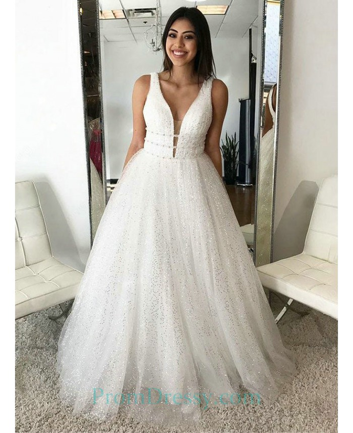 A line Straps White Sequined Prom Dress cg20694