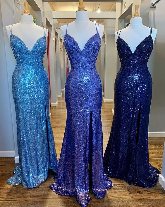 2021 Sparkly Mermaid V Neck Sequins Prom Dress with Split cg20699