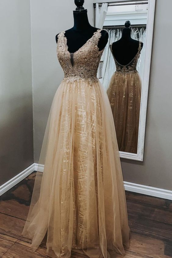 A-line champagne long formal dress prom dress cg20726