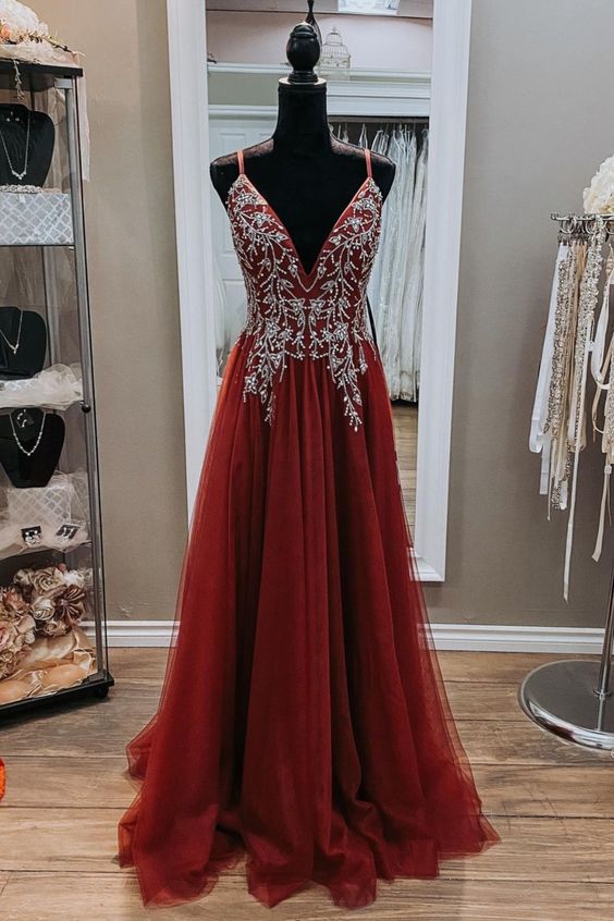 A-line burgundy tulle and silver sequins long evening dress prom dress cg20727