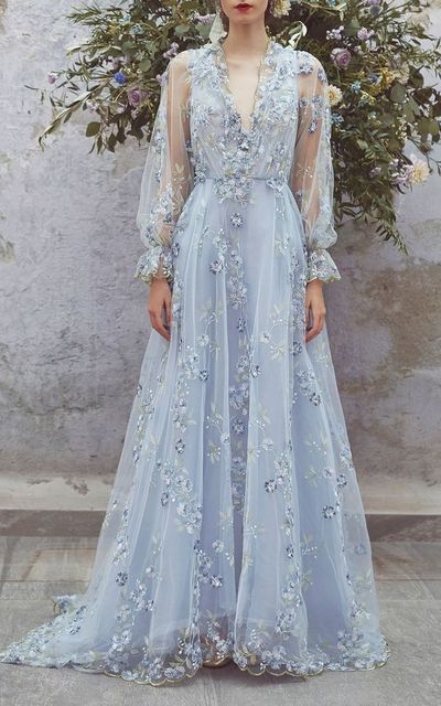 Light blue party dress long sleeve evening dress tulle applique long prom dress cg20753