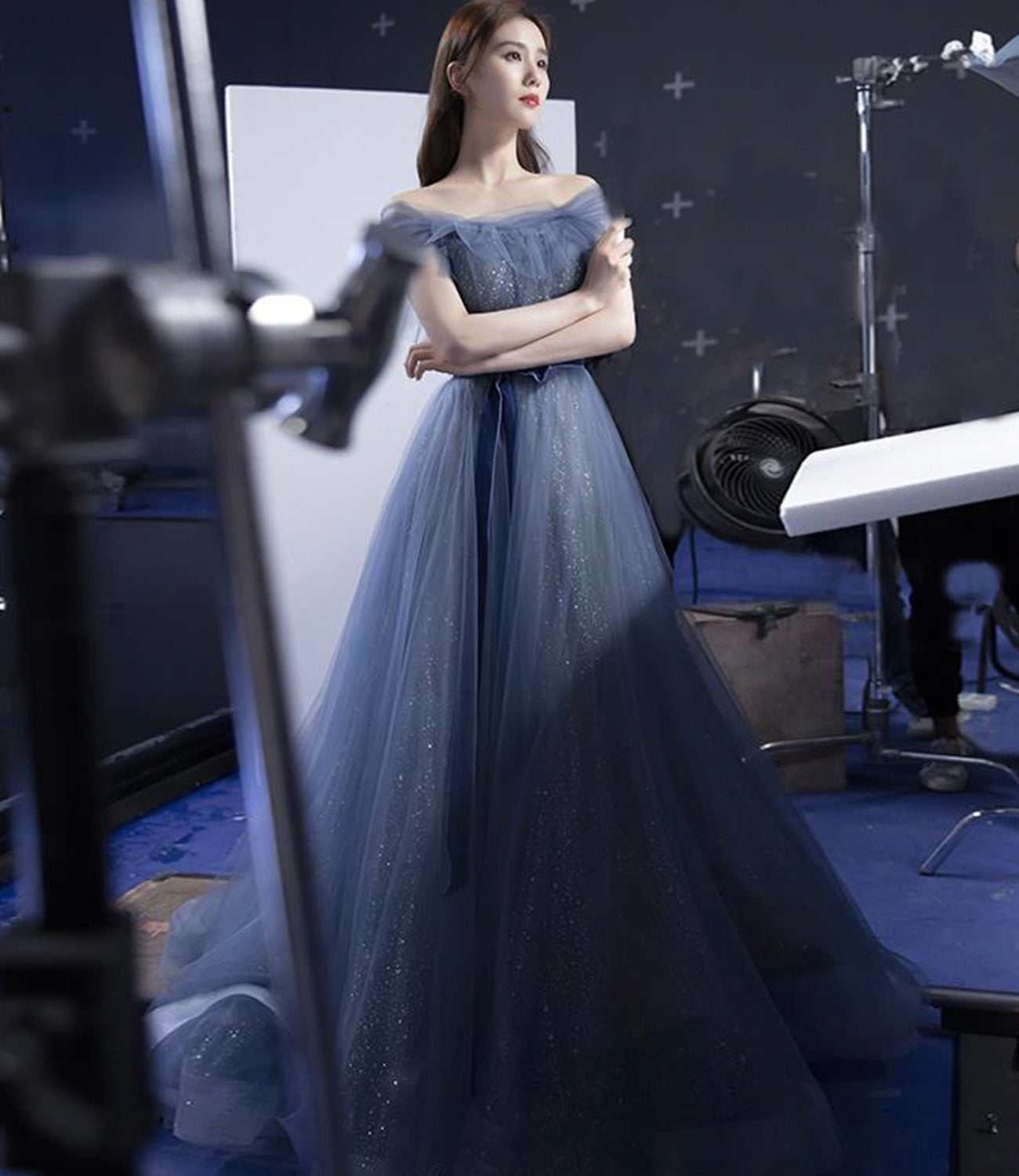 BLUE TULLE SEQUINS LONG A LINE PROM DRESS EVENING DRESS cg20770