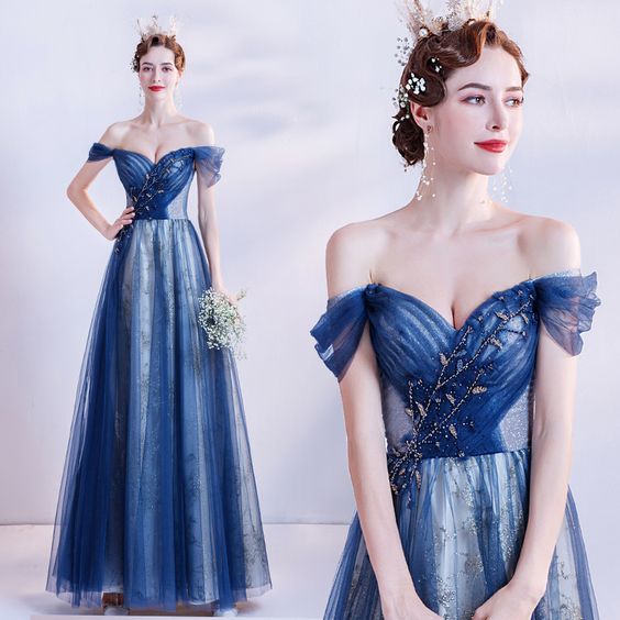 Off the Shoulder navy blue long prom dress evening dress cg20781