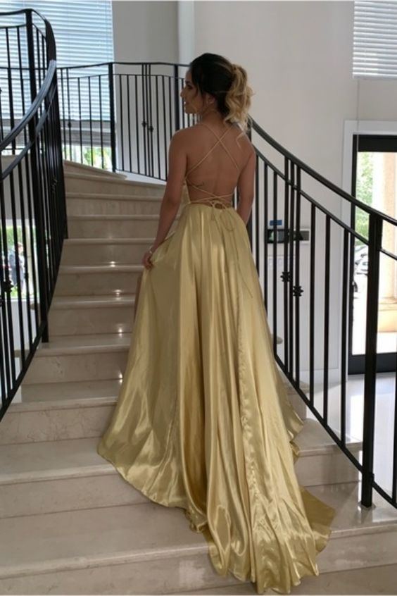 simple straps champagne long prom dress a-line formal dress with slit cg20792