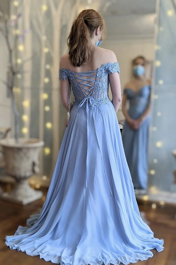 Blue lace long A line prom dress blue evening dress cg20799