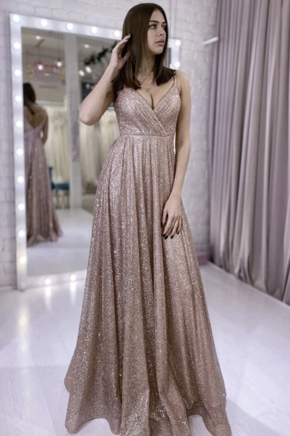 Shiny v neck tulle sequins long prom dress evening dress cg20800