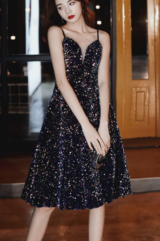 A-line black sequined short party dress with lace up back prom dress, evening dress cg20812