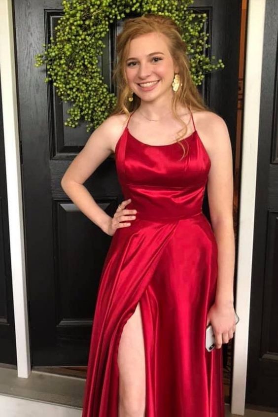 simple straps red long prom dress side slit satin formal dress cg20816
