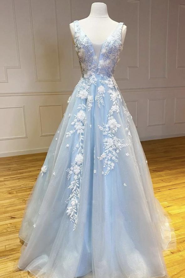 Blue v neck tulle long A line prom dress evening dress cg20819