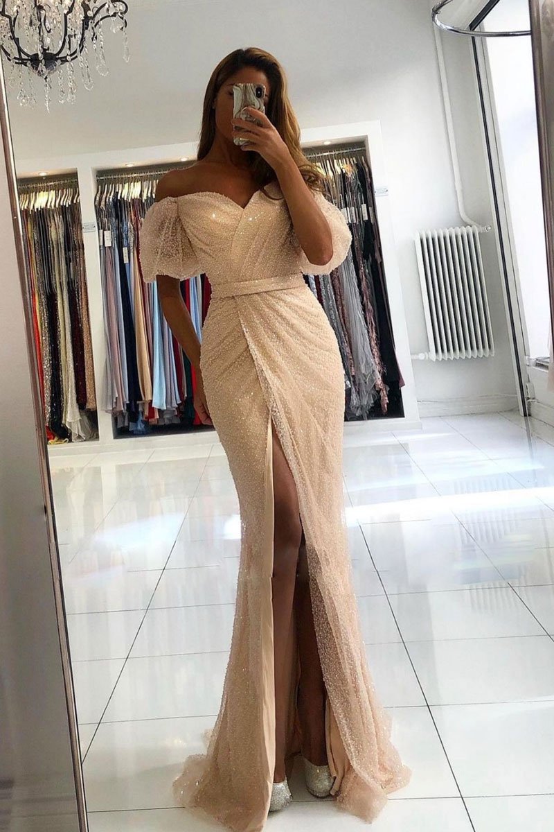 Champagne off shoulder tulle mermaid long prom dress tulle evening dress cg20828