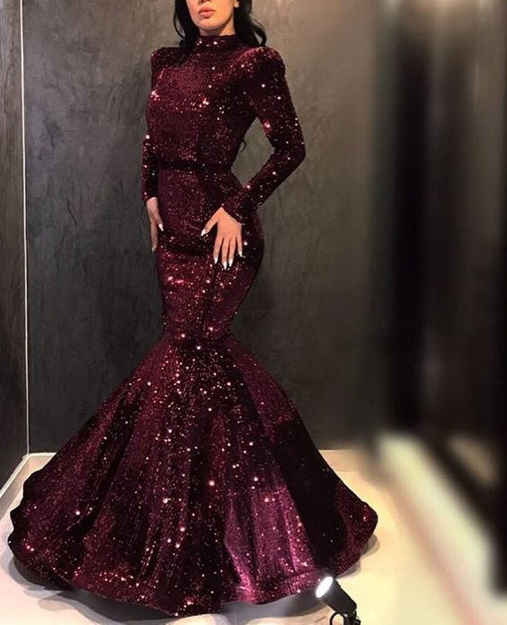 burgundy sequin Long Prom Dress cg20841