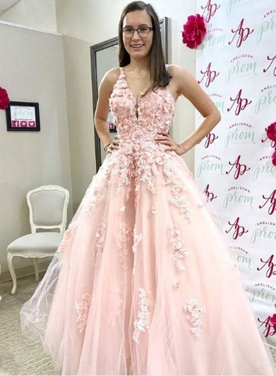 Pink Lace Tulle V Neck 3D Followers Prom Dresses Appliques Spaghetti Straps Evening Dresses cg20865