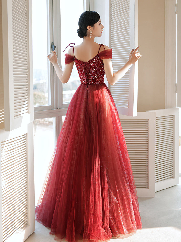 elegant A-line burgundy tulle long prom dress with spaghetti straps and off the shoulder neckline cg20866