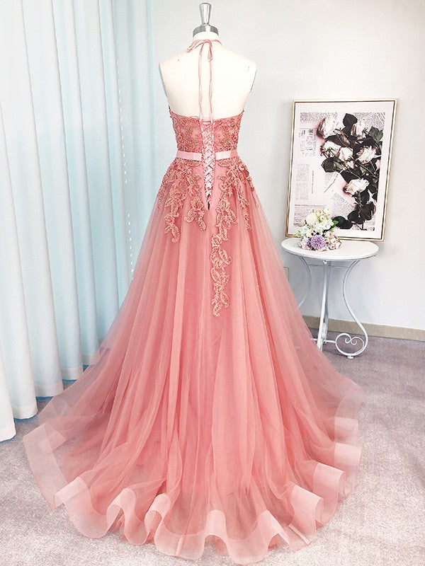 2021 A-Line Tulle Halter Long Pink Prom Dresses cg20886