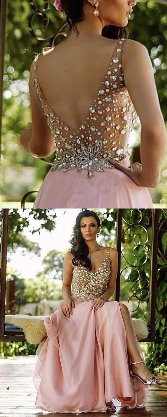 Light Pink Prom Dresses 2021 Backless Chiffon Formal Gown With Crystal Beaded cg20903