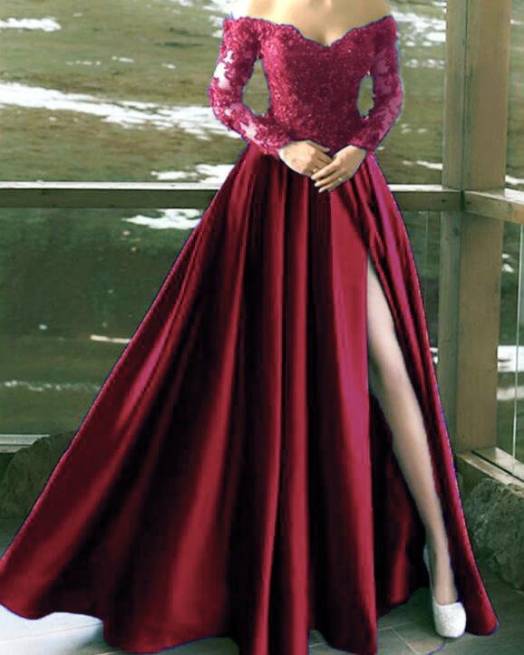 Long Sleeves Off The Shoulder Satin Lace Split Formal prom Dress Evening Gown cg20906