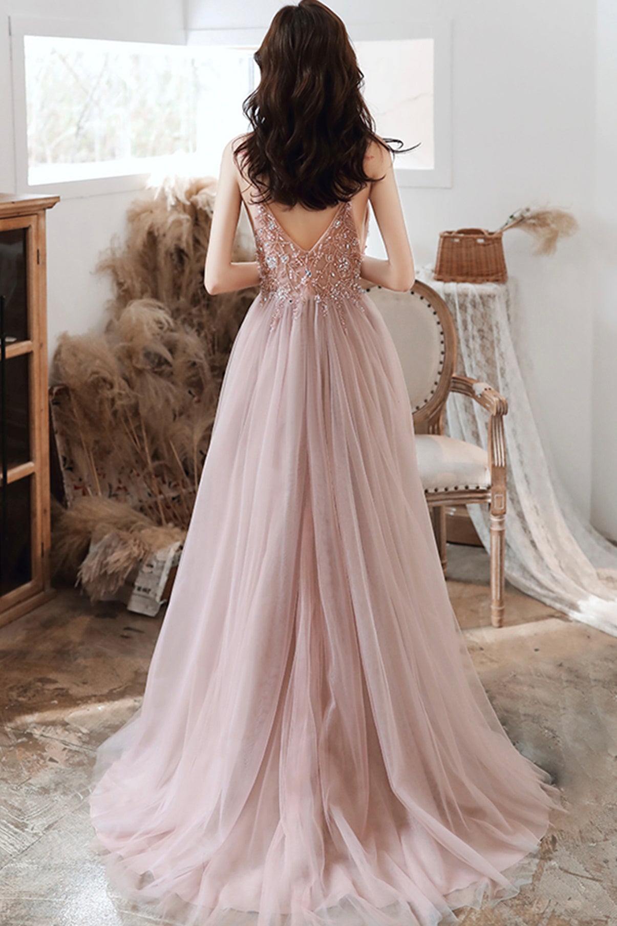 CUTE V NECK TULLE LONG A LINE PROM DRESS EVENING DRESS cg20907