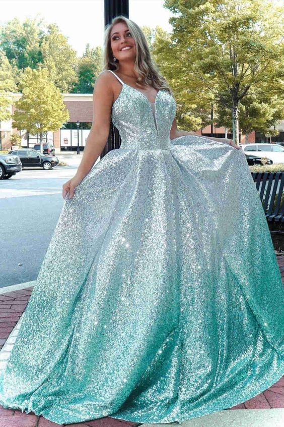 sparkle ombre green sequined prom ball gown cg20915