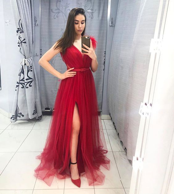 Stylish v neck tulle long prom dress evening dress cg20951