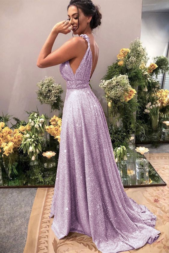 Sparkly lilac prom dresses plung neck formal sequins evening gown for women’s special occasions cg20955