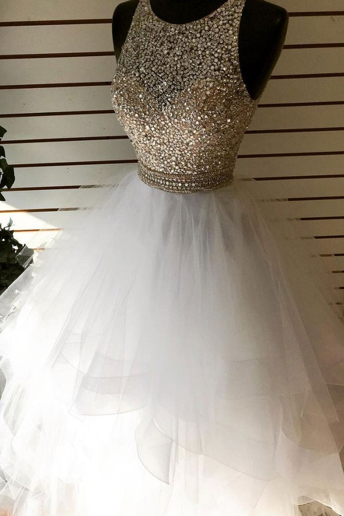 White round neck tulle sequin beads long prom dress, white evening dress cg20975