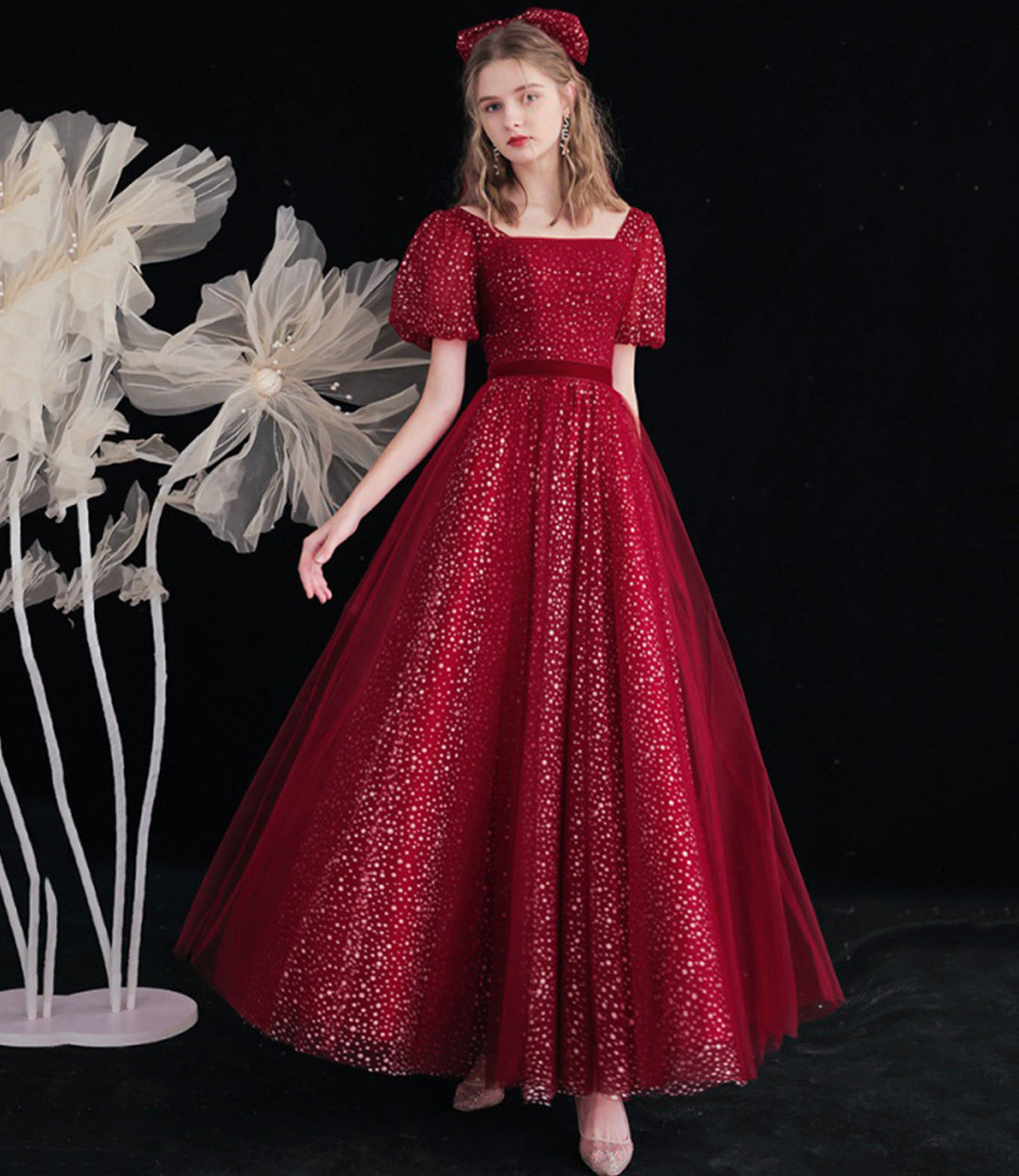 BURGUNDY TULLE A LINE PROM DRESS BURGUNDY EVENING DRESS cg20987