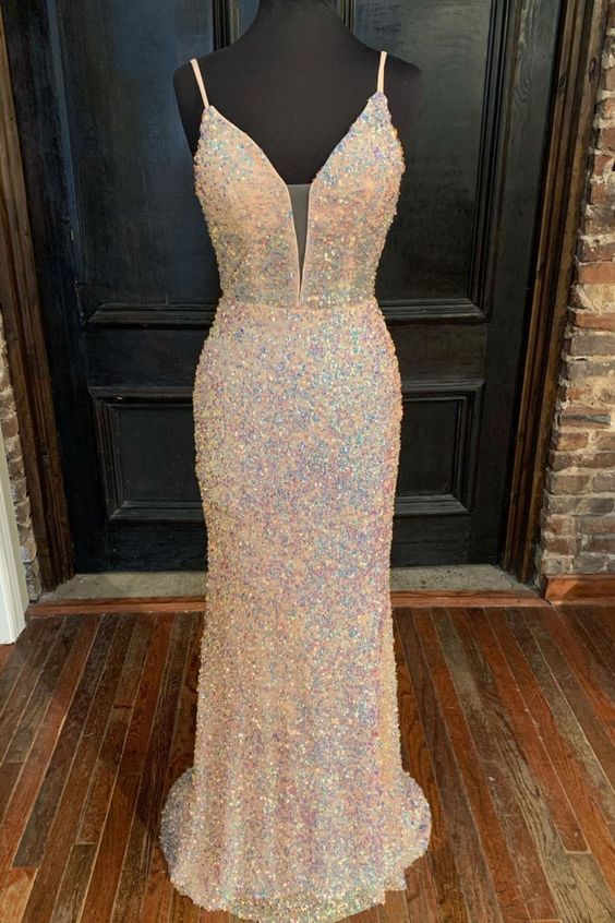 Mermaid Sequins Champagne Long Party Dress prom dress cg20995