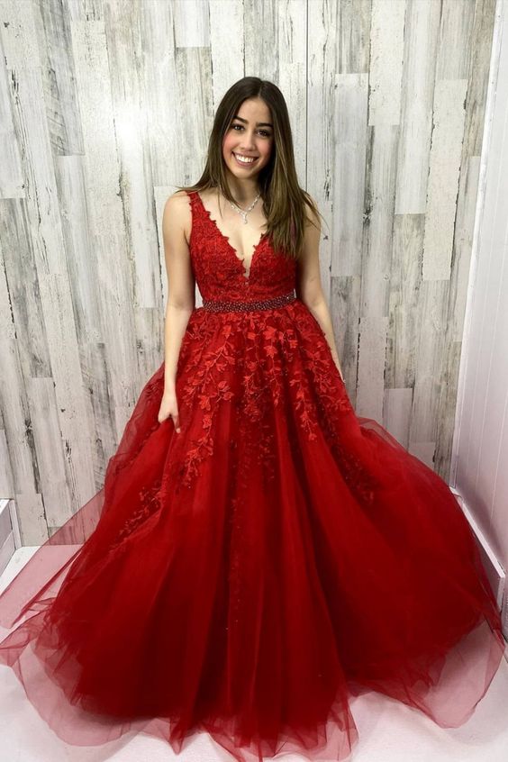 A-Line Appliqued Illusion-V Prom Dress with Beading Belt cg21002