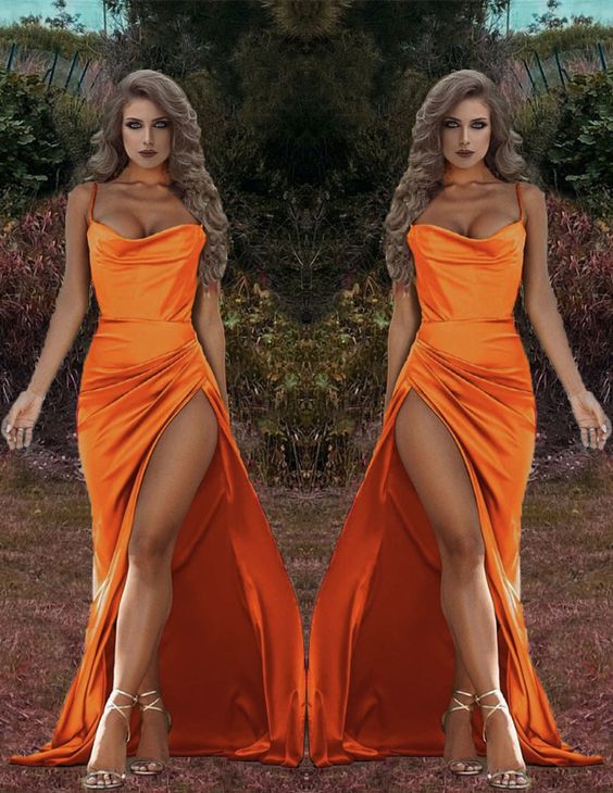 Amazing Mermaid satin orange Bridesmaid dresses leg split spaghetti straps with cowl neck prom dress, evening dress    cg21056