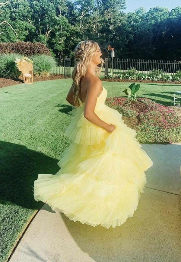 Yellow tulle long A line prom dress evening dress cg21062