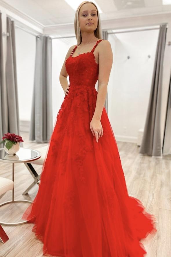 Red lace long A line prom dress evening dress cg21073
