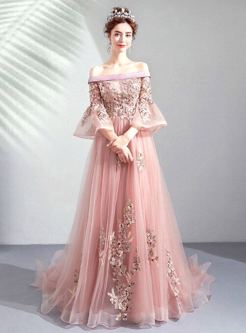 Pink Tulle Appliques Off the Shoulder Puff Sleeve Prom Dress cg21079
