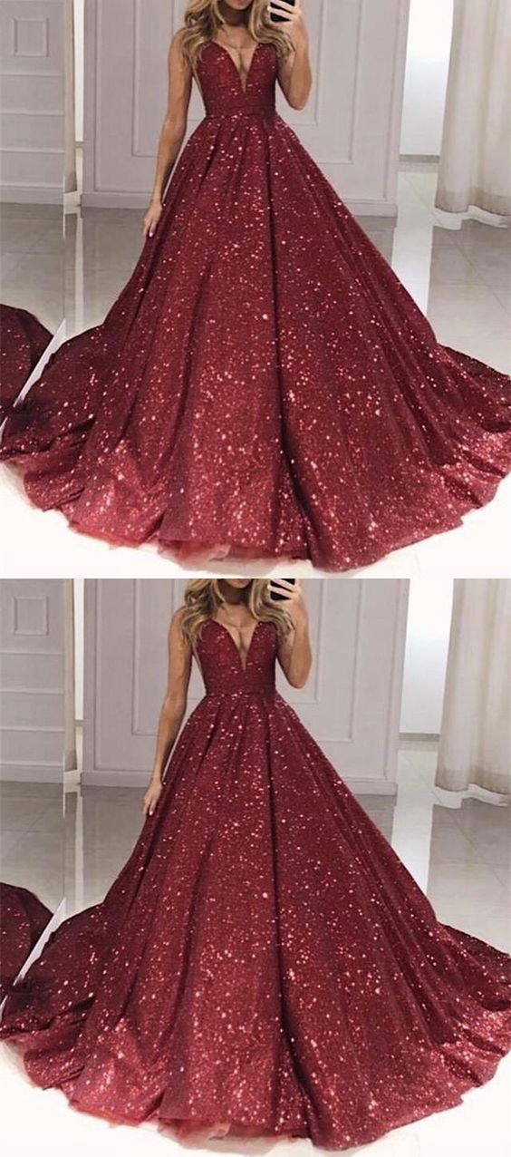 Burgundy Sequins Plunge V-neck Ball Gowns Prom Dresses cg2108