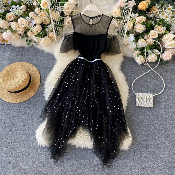 Black tulle short dress black A line dress mini dress Homecoming Dress cg21117