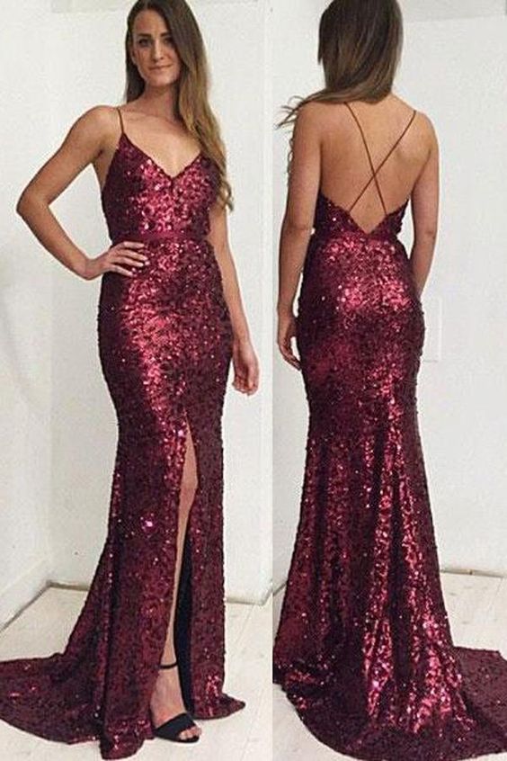 Gorgeous Sequin Mermaid Spaghetti Straps Long Prom Dress with Side Slit cg21118