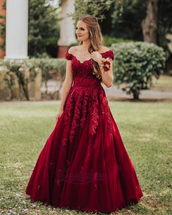 Red Off the Shoulder Tulle Long Prom Dress cg21157