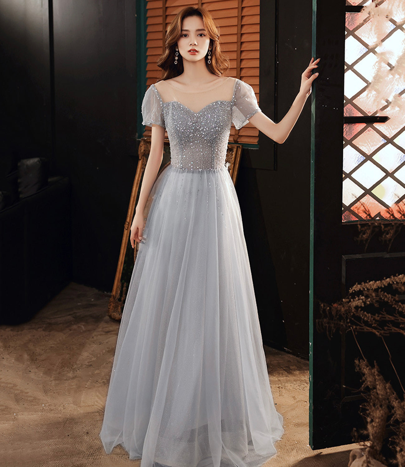 CUTE TULLE BEADS LONG A LINE PROM DRESS EVENING DRESS cg21166