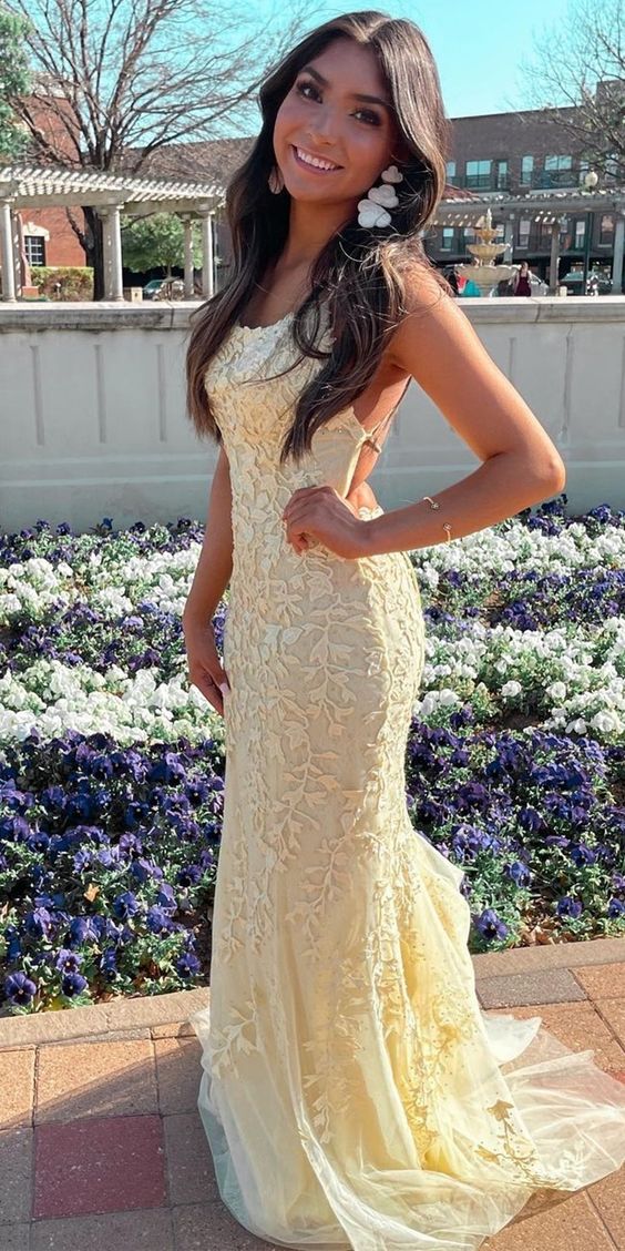 mermaid yellow lace long prom dress formal dress cg21176