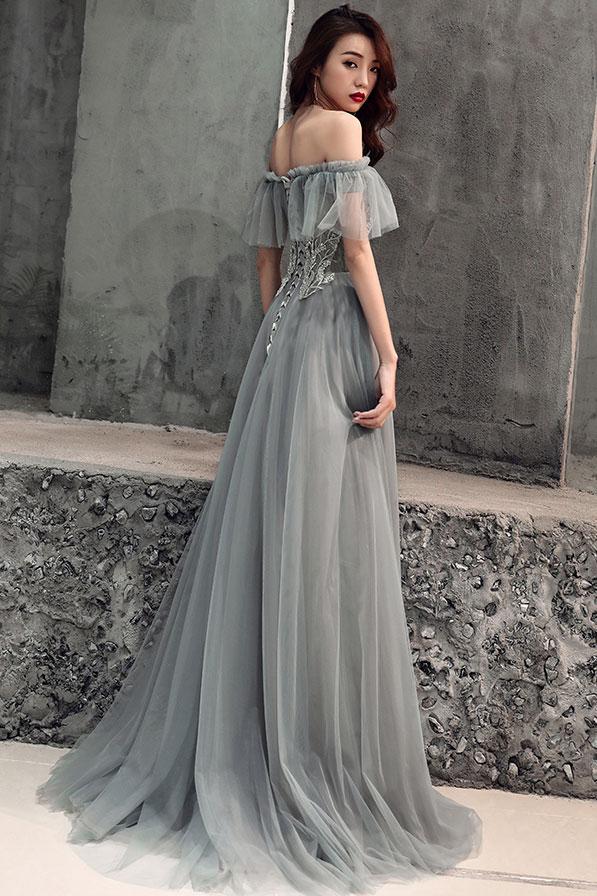 Grey Tulle Sweetheart Floor Length Sweetheart Long Formal Prom Dress cg21180