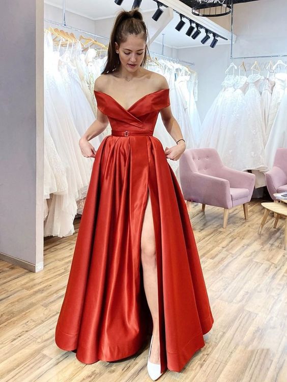 Off the Shoulder Red Satin Long Prom Dresses, Off Shoulder Red Formal Evening Dresses cg21245
