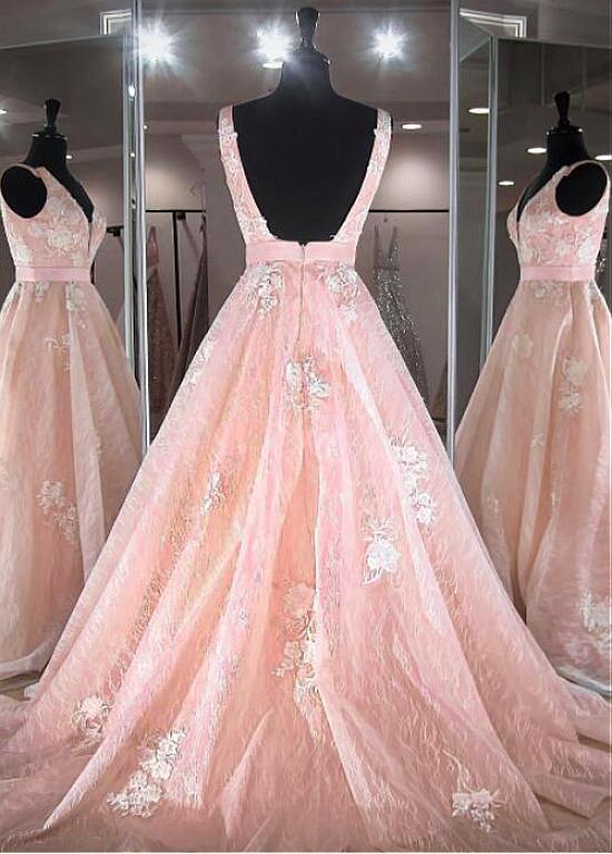 Elegant Tulle V-neck Neckline Floor-length A-line Prom Dresses With Lace Appliques & Belt cg21246